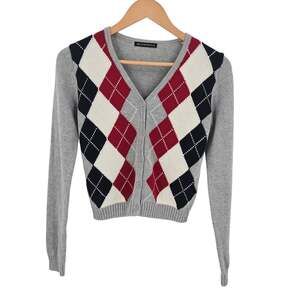 Brandy Melville red white blue grey argyle cardigan 100% cotton